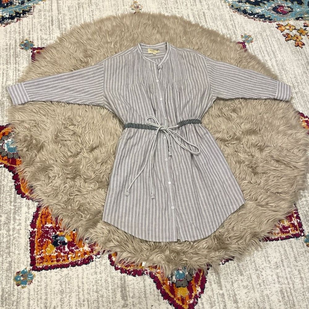 Striped Button-Front Shirt Dress with Tie Waist - Light Gray